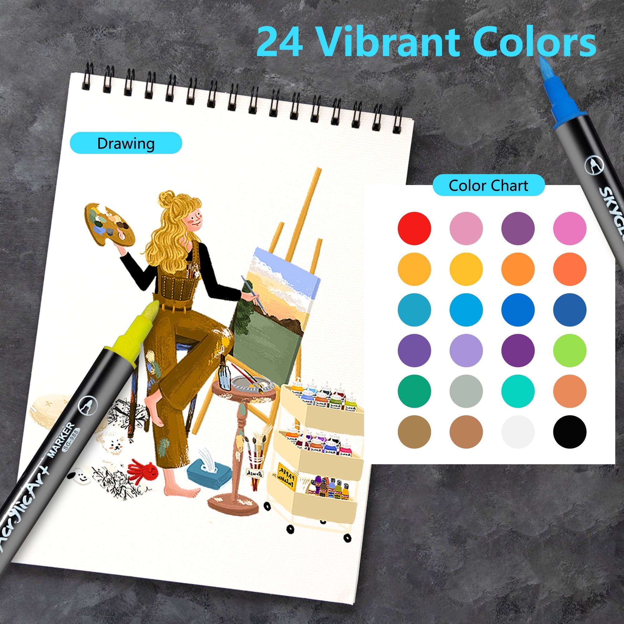 24 Colors Acrylic Paint Pens Paint Markers Set,Dual Tip Paint Markers With Medium Tip and Brush Tip for Rock Painting,Ceramic,Wood,Plastic,Calligraphy, Scrapbooking,Brush Lettering,DIY Crafts