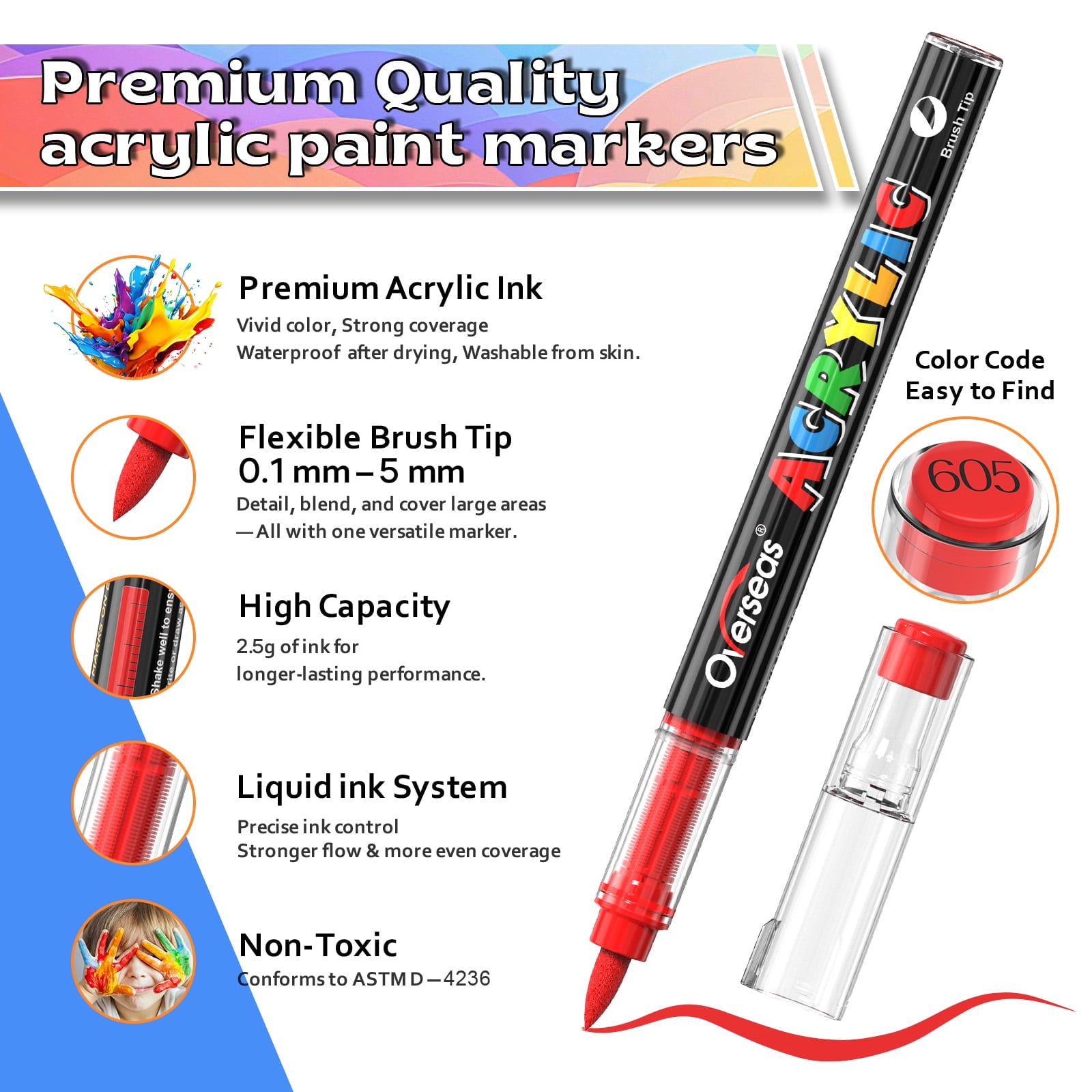 Overseas Art Marker Combo Pack with 120 Colors, Conical Point Acrylic Paint Pens