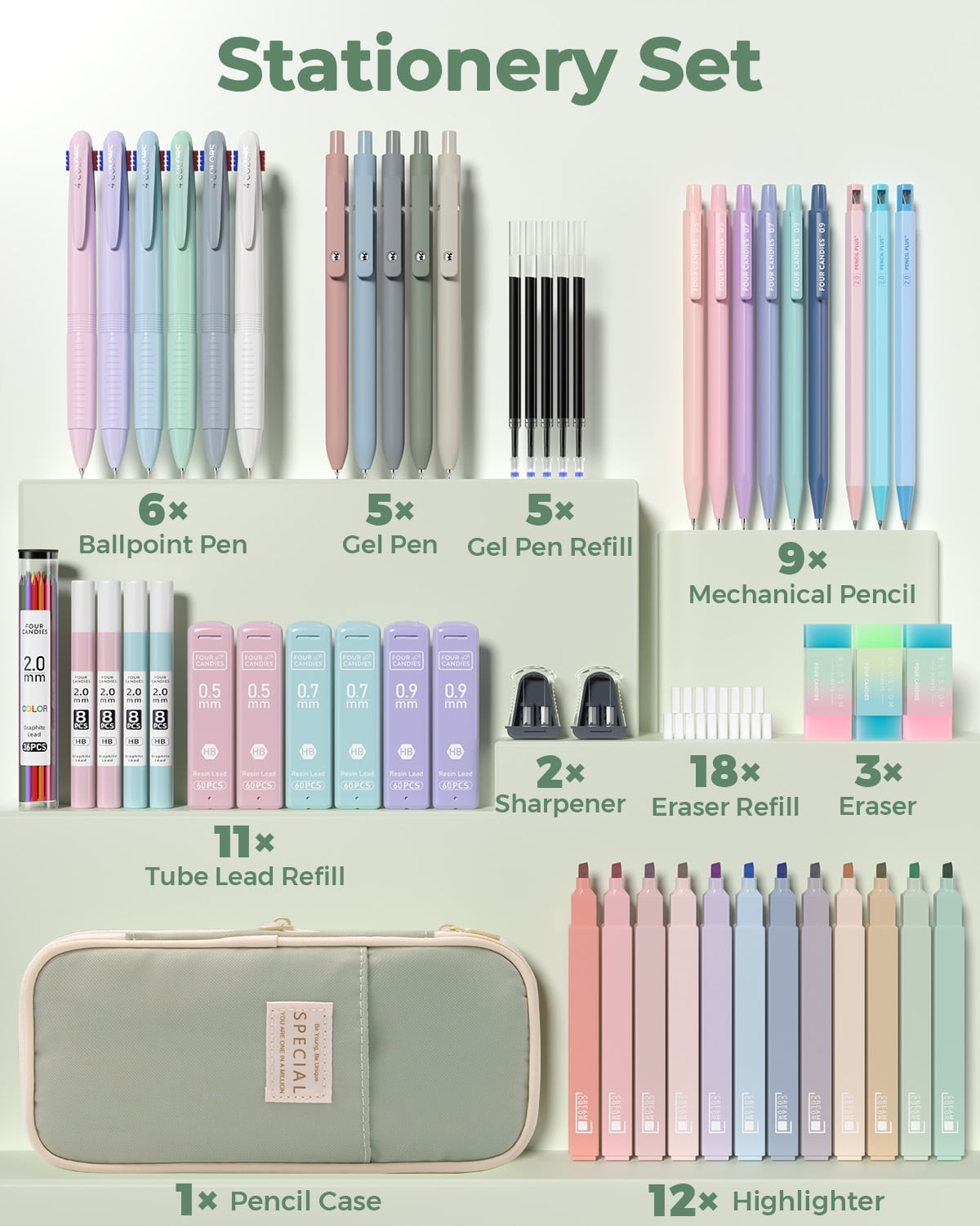 Four Candies 56 PCS Aesthetic Supplies with Large Pencil Case, 6 Colored Ballpoint Pens, 12 Pastel Highlighters, 5 Black Ink Gel Pens, 9 Mechanical Pencils 0.5-2.0mm Essentials (Green)