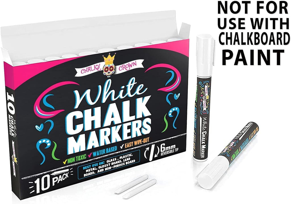 Chalky Crown - Liquid Chalk Markers for Blackboards Sign Window 6mm Rev Tip - White, 10 Packs