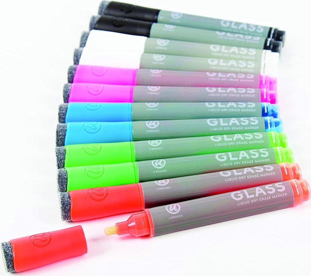 1PACK U BRANDS Bullet Tip Low-Odor Liquid Glass Markers with Erasers, Assorted Colors, 12/Pack