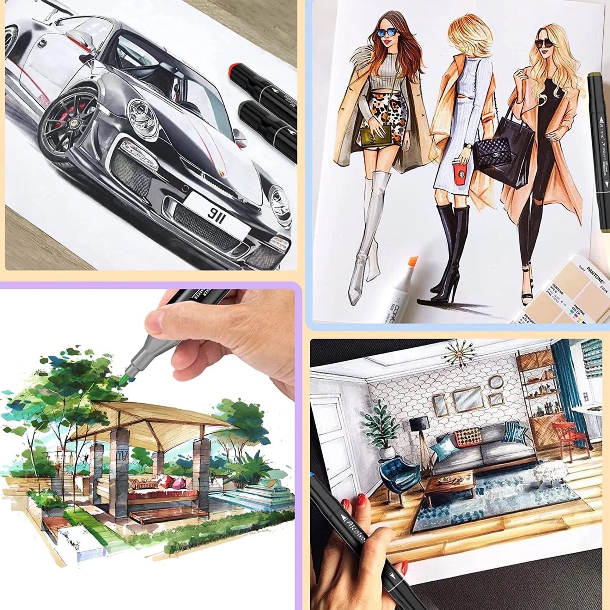 Panbear 120 Colors Alcohol Markers Set with Carrying Case, Dual Tip Point, Assorted Colors, 120 Count