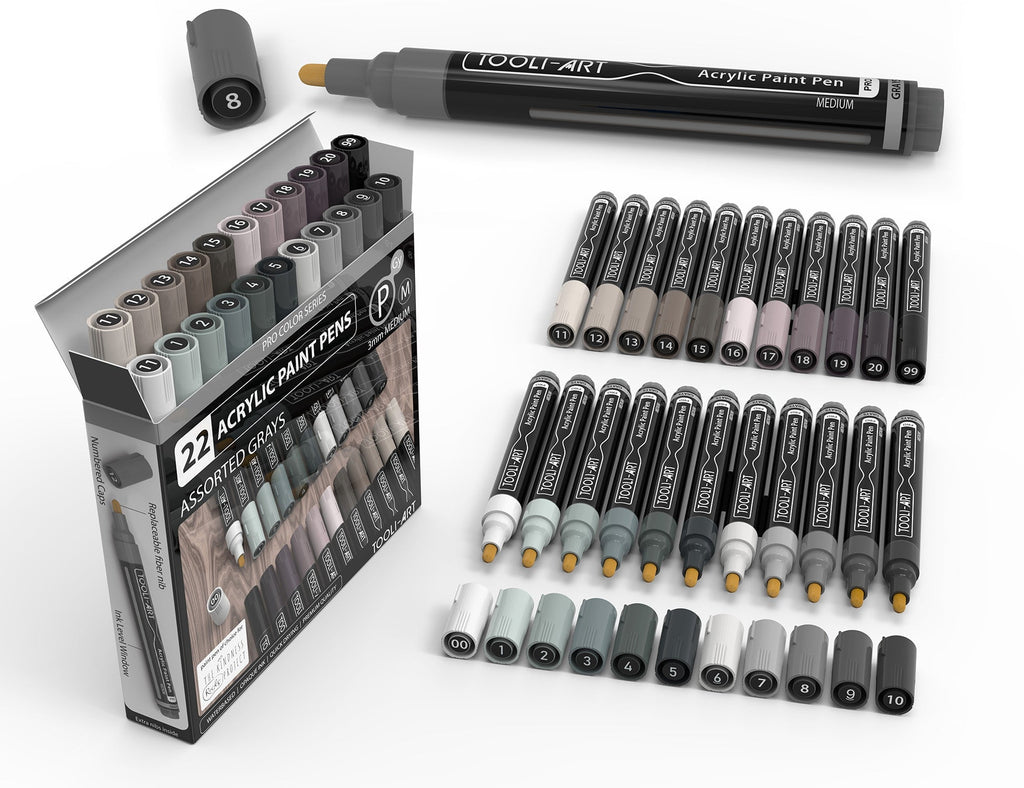 22 Acrylic Paint Pens (GRAYS) Pro Color Series Set 3mm Medium
