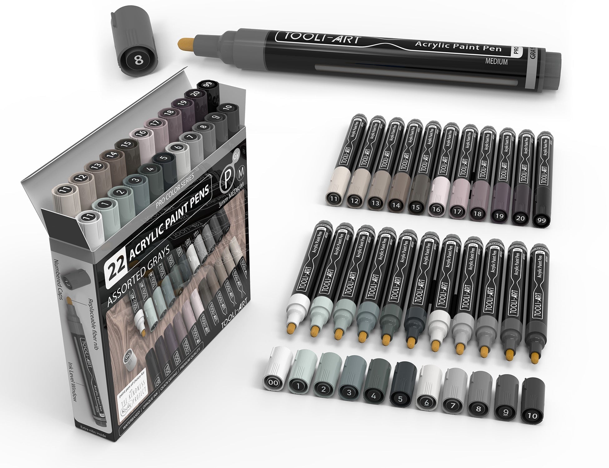 22 Acrylic Paint Pens (GRAYS) Pro Color Series Set 3mm Medium
