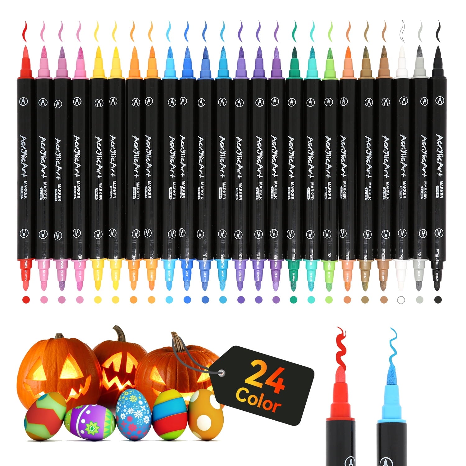24 Colors Dual Tip Acrylic Paint Markers, Brush Tip and Fine Tip Acrylic Paint Pens for Rock Painting, Ceramic, Wood, Canvas, Plastic, Glass, Stone, Calligraphy, Card Making, DIY Crafts
