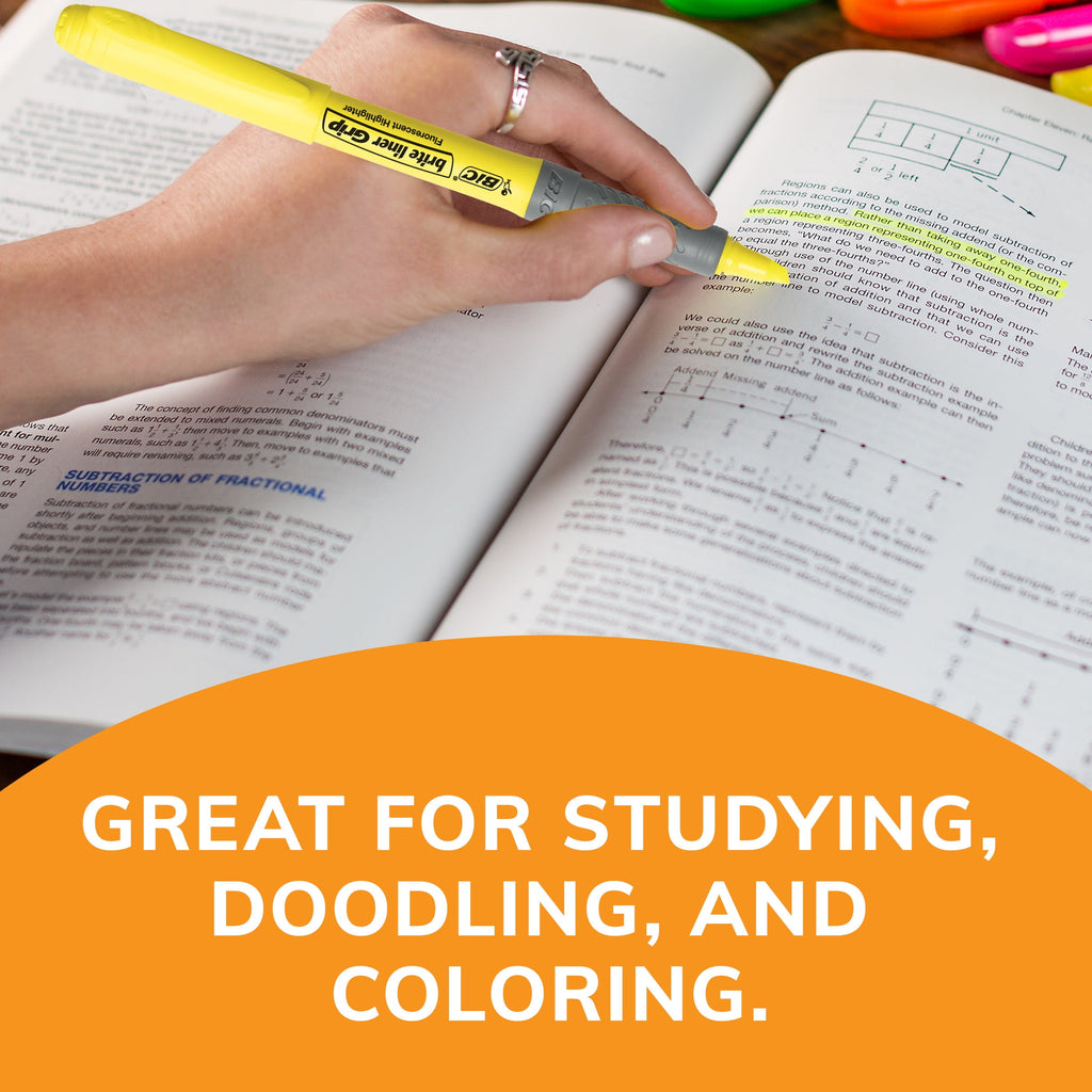 BIC Brite Liner Grip Yellow Highlighter, Chisel Tip, Yellow, Non-Toxic, 5-Pack