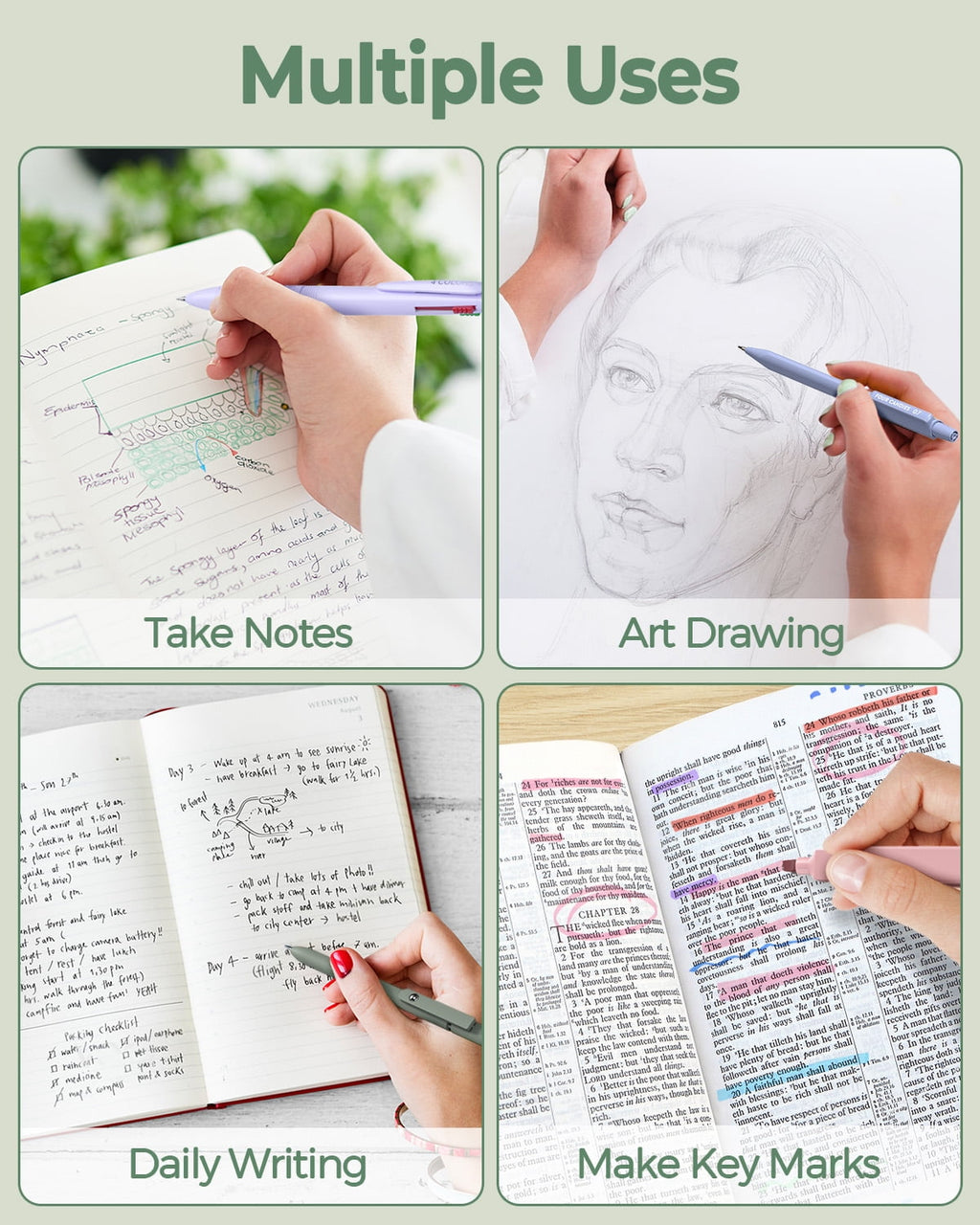 Four Candies 56 PCS Aesthetic Supplies with Large Pencil Case, 6 Colored Ballpoint Pens, 12 Pastel Highlighters, 5 Black Ink Gel Pens, 9 Mechanical Pencils 0.5-2.0mm Essentials (Green)