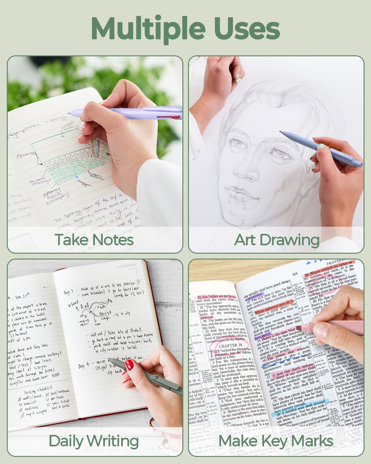 Four Candies 56 PCS Aesthetic Supplies with Large Pencil Case, 6 Colored Ballpoint Pens, 12 Pastel Highlighters, 5 Black Ink Gel Pens, 9 Mechanical Pencils 0.5-2.0mm Essentials (Green)