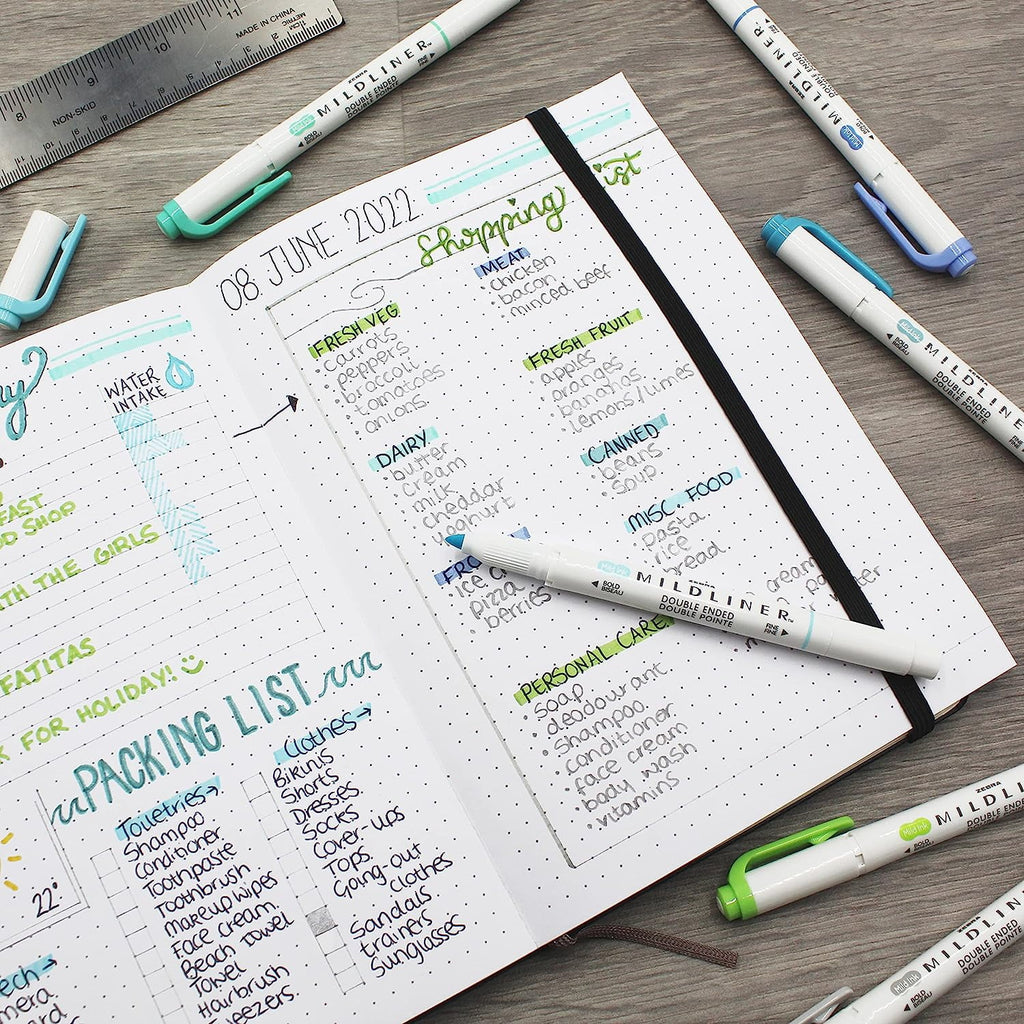 Zebra Mildliner Marker Highlighter Pens - Double Ended - Chisel/Bullet Tip - Wallet of 5 - Green, Yellow, Red, Pink, Violet