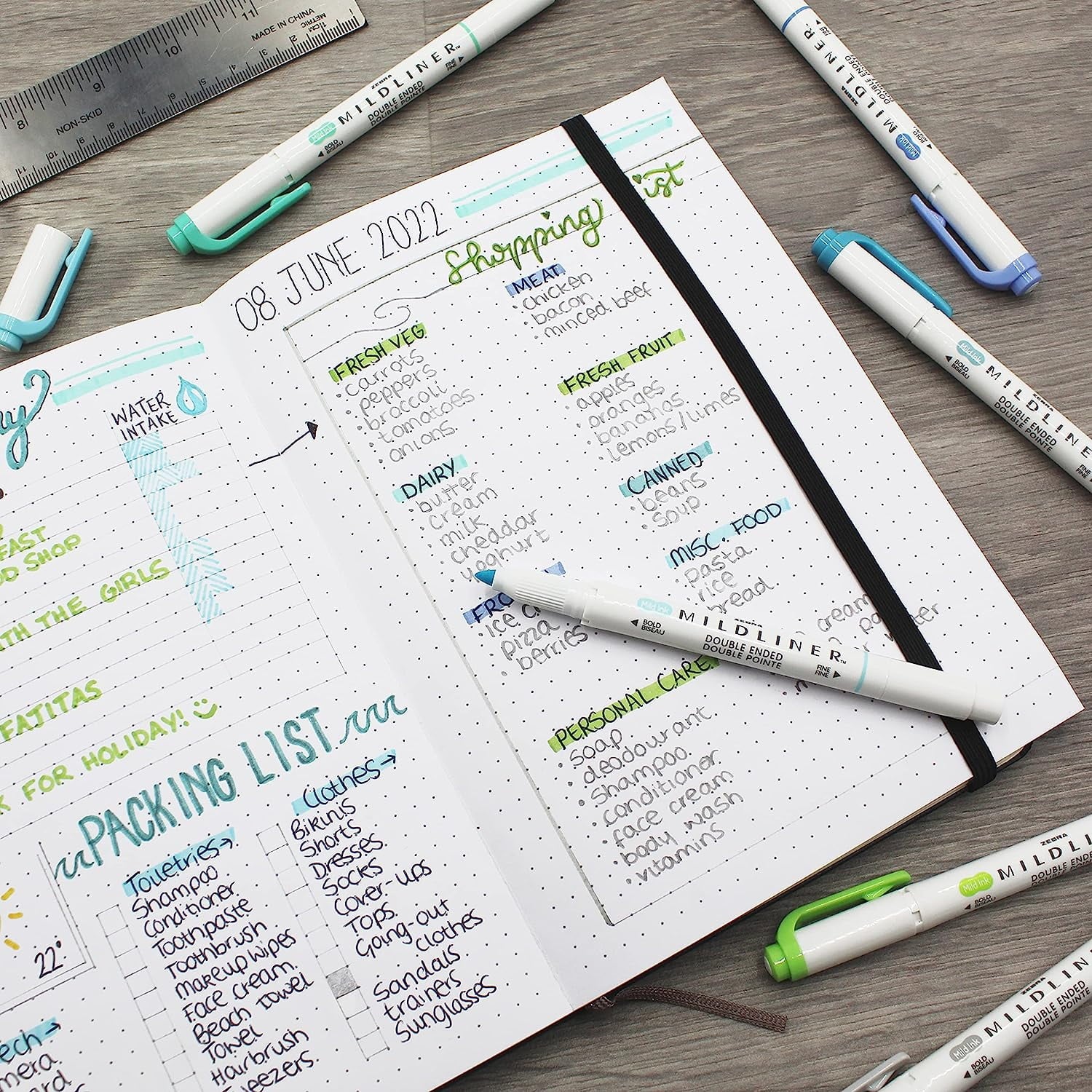 Zebra Mildliner Marker Highlighter Pens - Double Ended - Chisel/Bullet Tip - Wallet of 5 - Green, Yellow, Red, Pink, Violet