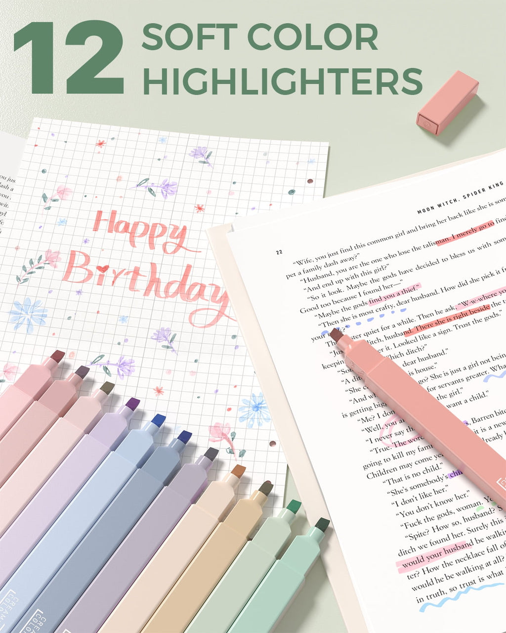 Four Candies 56 PCS Aesthetic Supplies with Large Pencil Case, 6 Colored Ballpoint Pens, 12 Pastel Highlighters, 5 Black Ink Gel Pens, 9 Mechanical Pencils 0.5-2.0mm Essentials (Green)