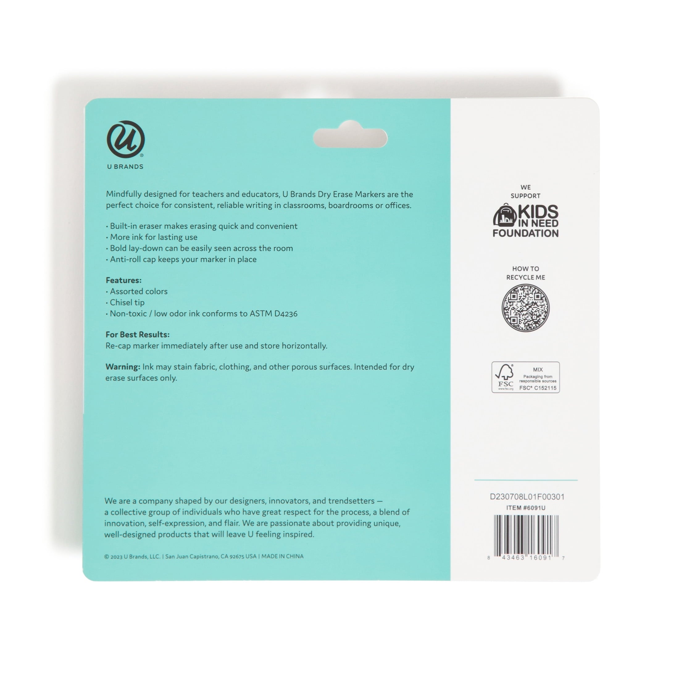 U Brands Dry Erase Markers, Set of 5, Assorted Colors, Low-Odor, Chisel (5 mm) Tip