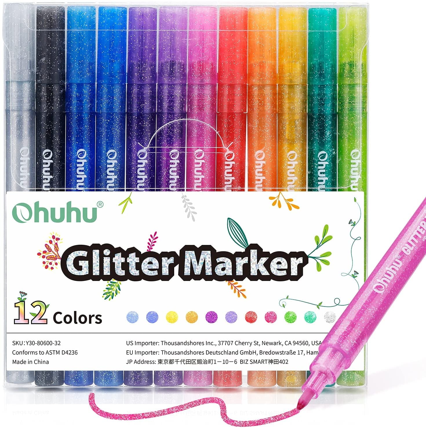 Ohuhu Glitter Markers, 12 Metallic Colors, Fine Tip, Water-Based Ink, for DIY Crafts