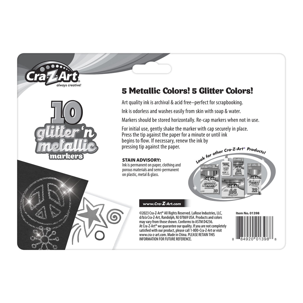 Cra-Z-Art Glitter and Metallic Art Marker Set, 5 glitter and 5 metallic