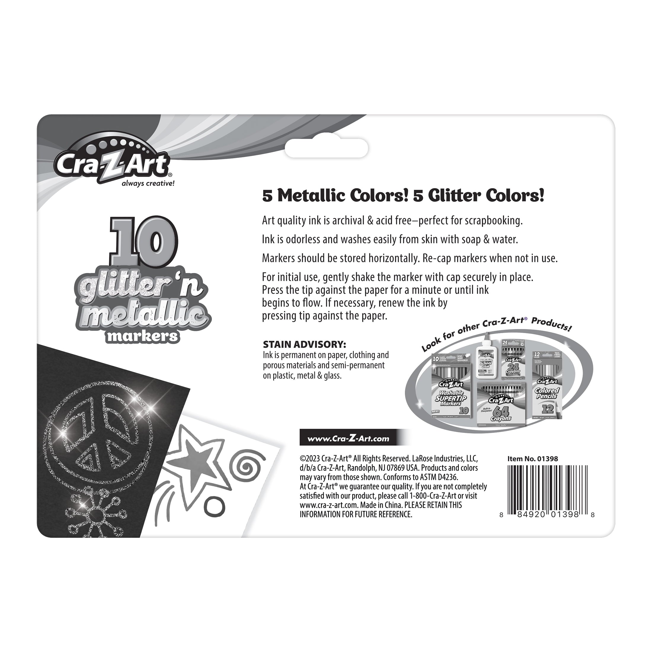 Cra-Z-Art Glitter and Metallic Art Marker Set, 5 glitter and 5 metallic