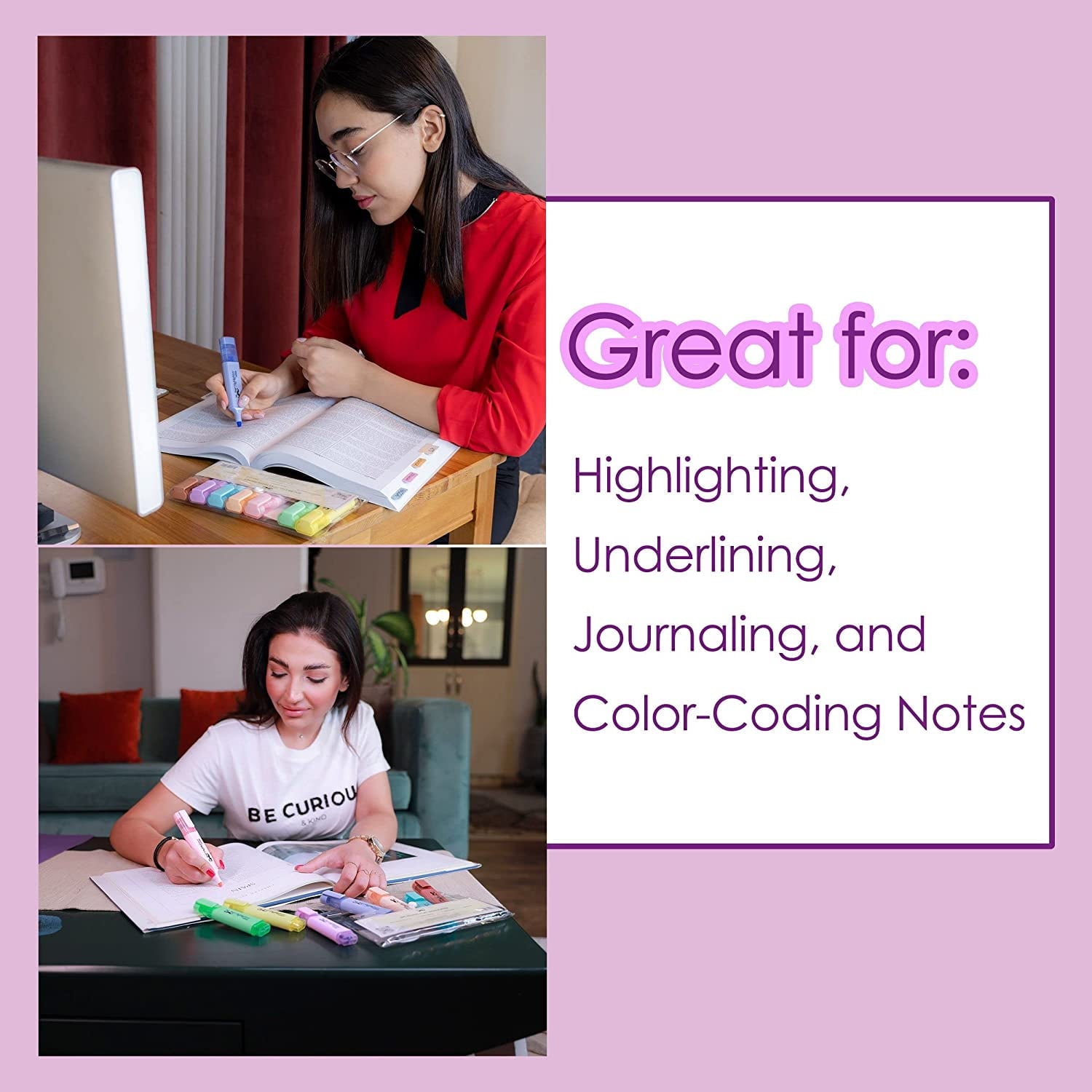 Mr. Pen No Smear Highlighters, Chisel-Point, Assorted Colors, 8 Count