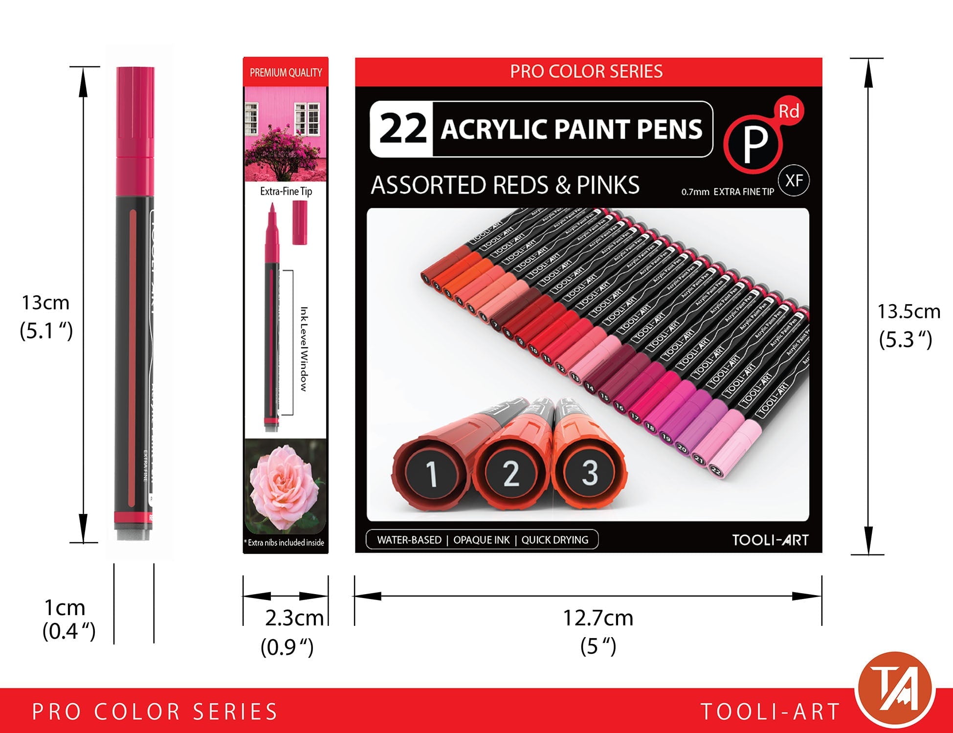 Acrylic Paint Pens 22 Assorted Red And Pink Pro Color Series Specialty Markers Set (0.7mm EXTRA FINE)