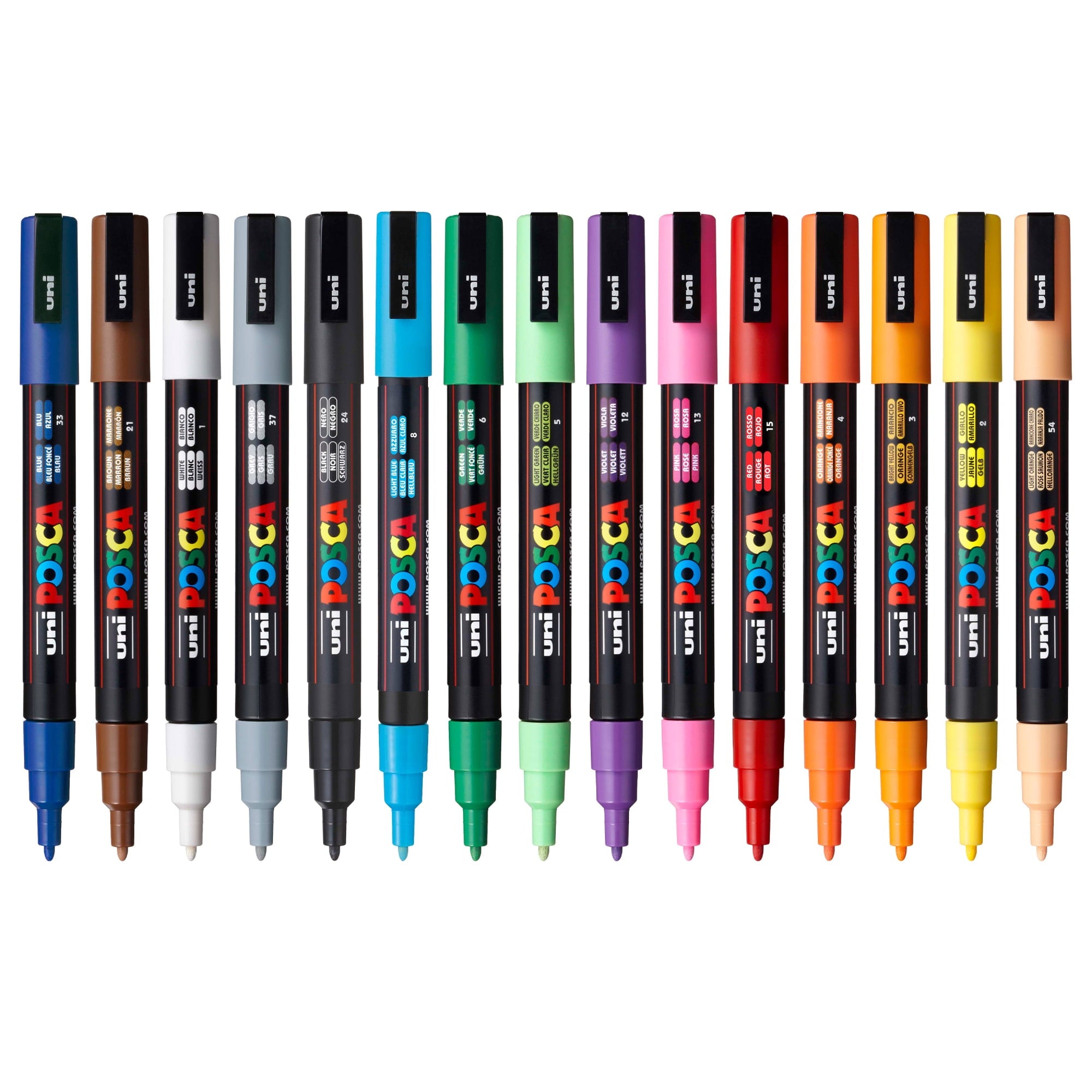 Uni POSCA PC-3M Water-Based Paint Markers, Reversible Fine Tip (0.9-1.3mm), Assorted Ink Colors, 15 Count