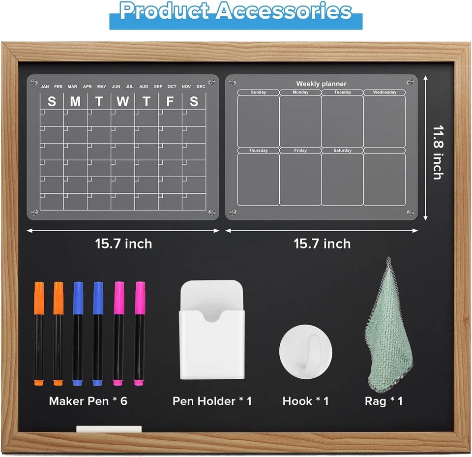 2X Acrylic Magnetic Fridge Calendar Week & Month W/ Dry Erase Markers And Holder