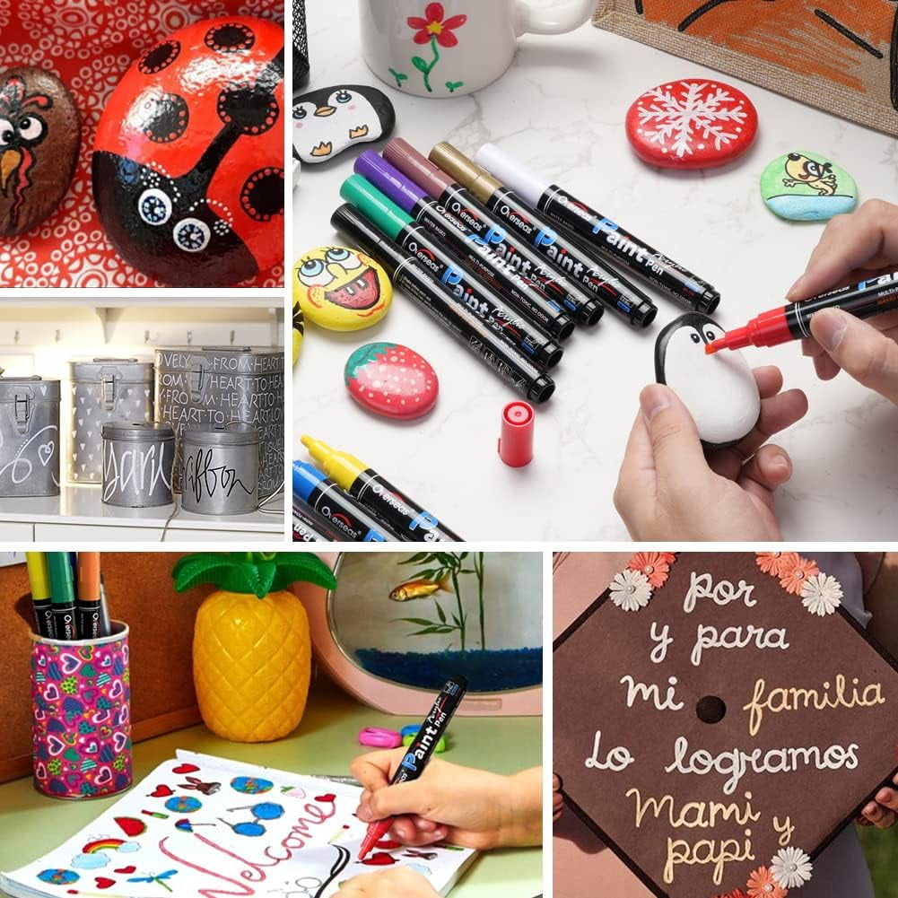 Overseas White & Black Paint Pens Paint Markers - Permanent Acrylic Markers 2 Pack, Water Based, Quick Dry, Waterproof Paint Marker Pen for Rock, Wood, Plastic, Metal, Canvas, Glass, Mugs. Medium Tip