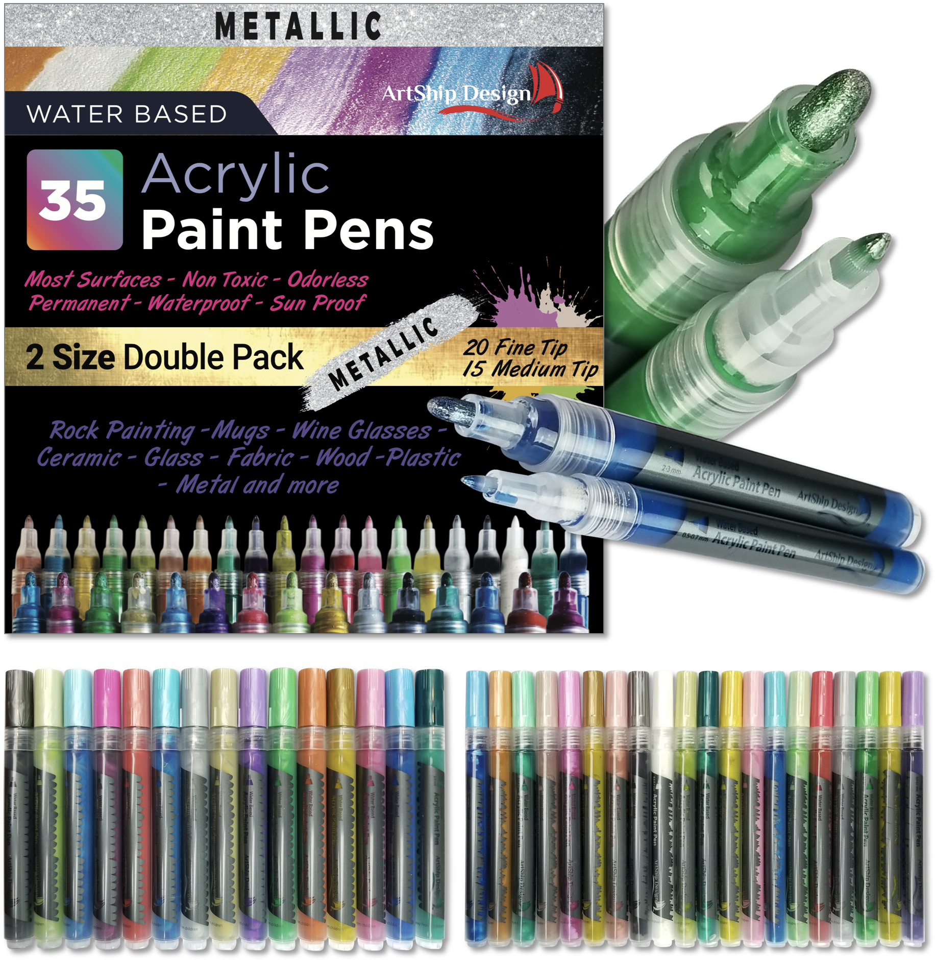 35 Premium Acrylic Paint Pens, Double Pack of Both Extra Fine & Medium Tip Paint Markers by ArtShip Design