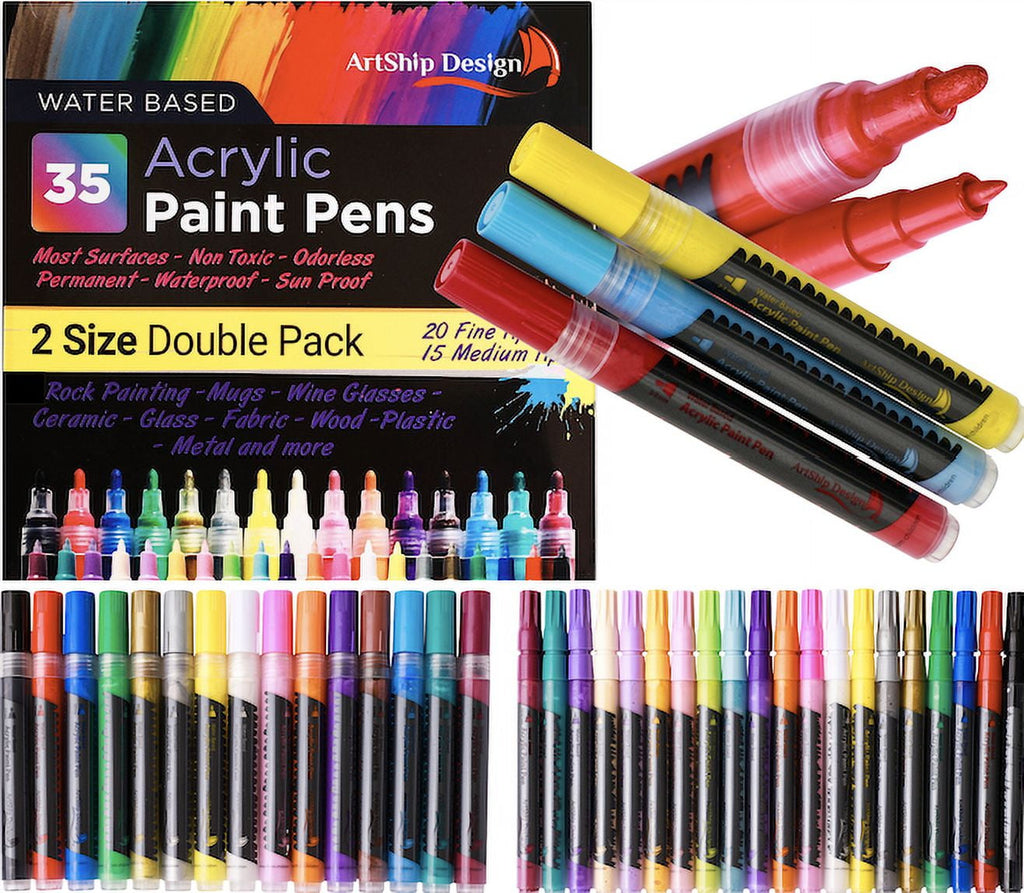 35 Premium Acrylic Paint Pens, Double Pack of Both Extra Fine & Medium Tip Paint Markers by ArtShip Design