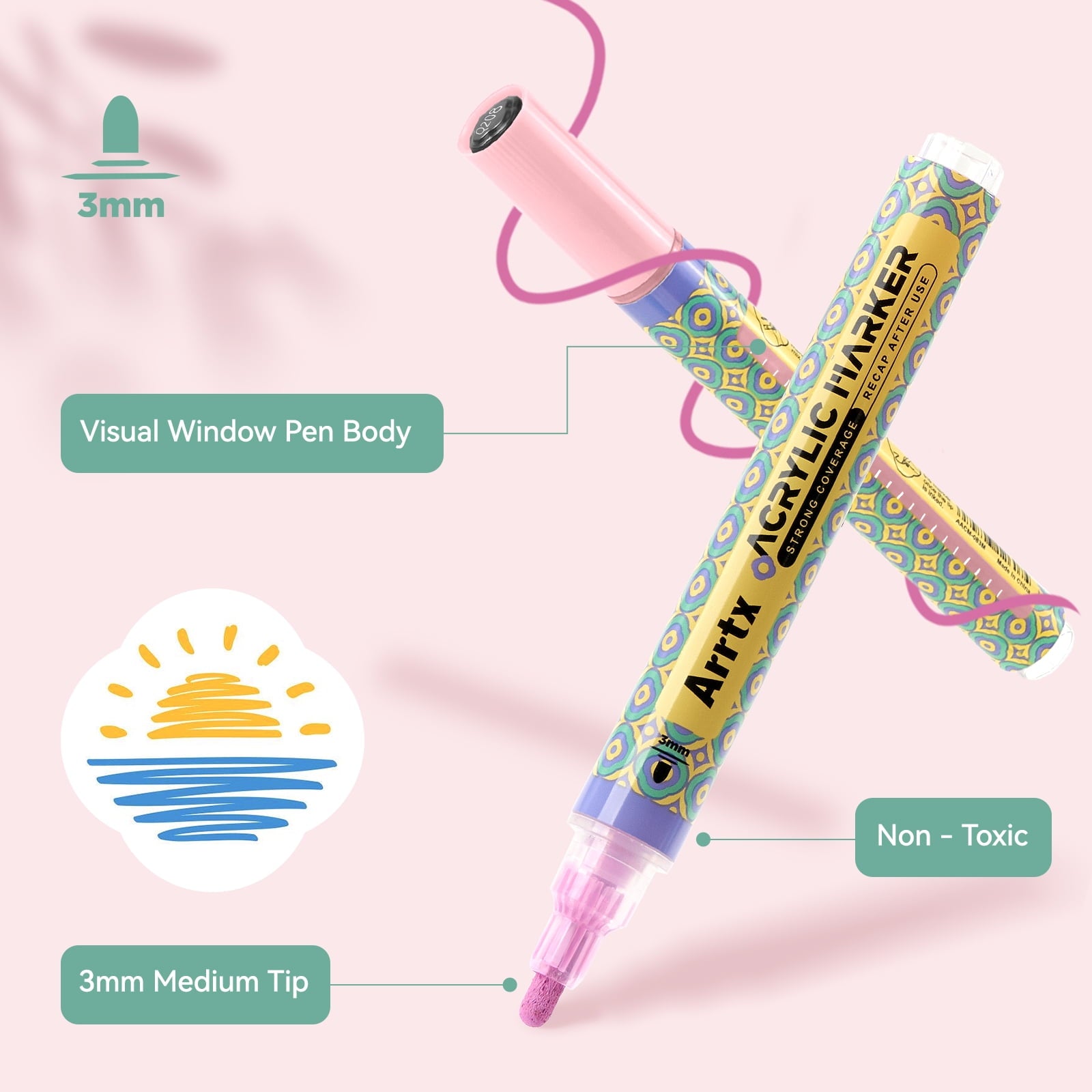 Arrtx Acrylic Paint Pens, 36 Colors 3mm Medium Point Water-Based Ink Large Refill Acrylic Markers for Rock Painting, DIY Craft, Glass, Wood