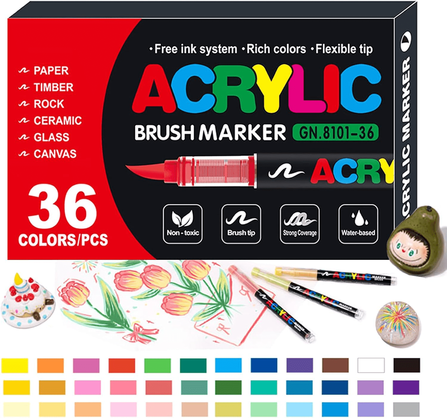 24 Colors Acrylic Paint Markers,Direct Liquid Soft Brush Tip Paint Pens and Paint Markers,Acrylic Paint Pens for Wood,Stone,Canvas,Glass,Fabric,Egg,Rock Painting and DIY Crafts Art Supplies