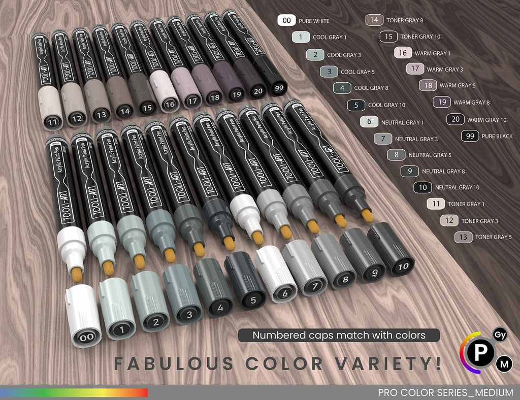 22 Acrylic Paint Pens (GRAYS) Pro Color Series Set 3mm Medium