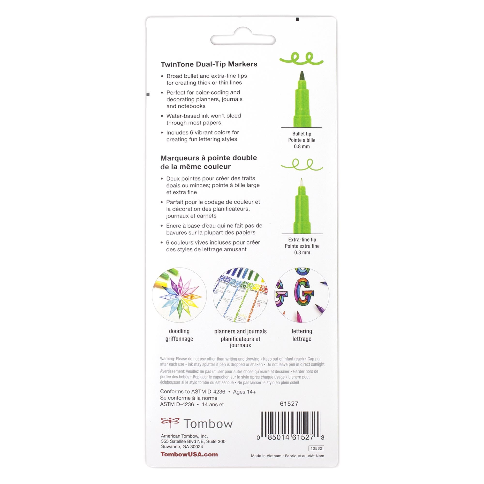 Tombow TwinTone Dual-Tip Marker Pen Set, Broad & Extra-Fine Tips, Rainbow Color Palette, 6 Count