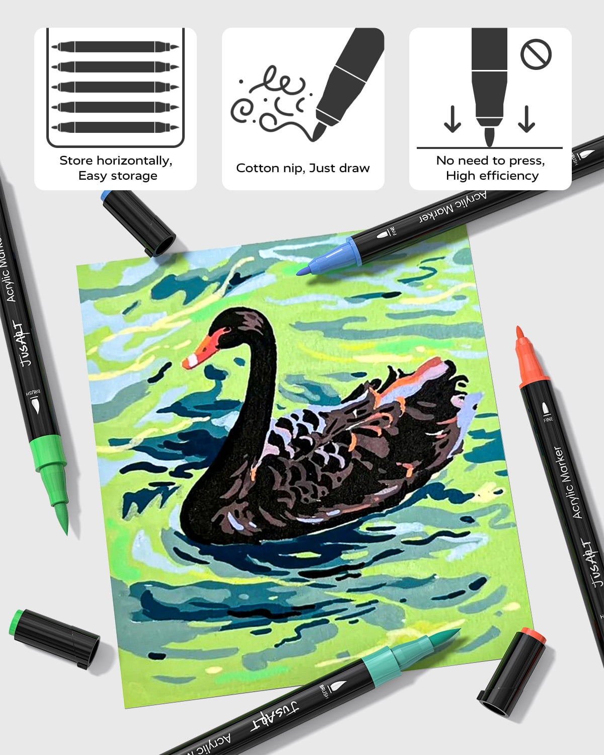 JusArt 48 Colors Markers, Dual Tip with Brush Tip and Fine Tip，for Rock, Wood, Egg, Canvas, Glass, Stone, Ceramic, DIY Crafts Professional Art Supplies