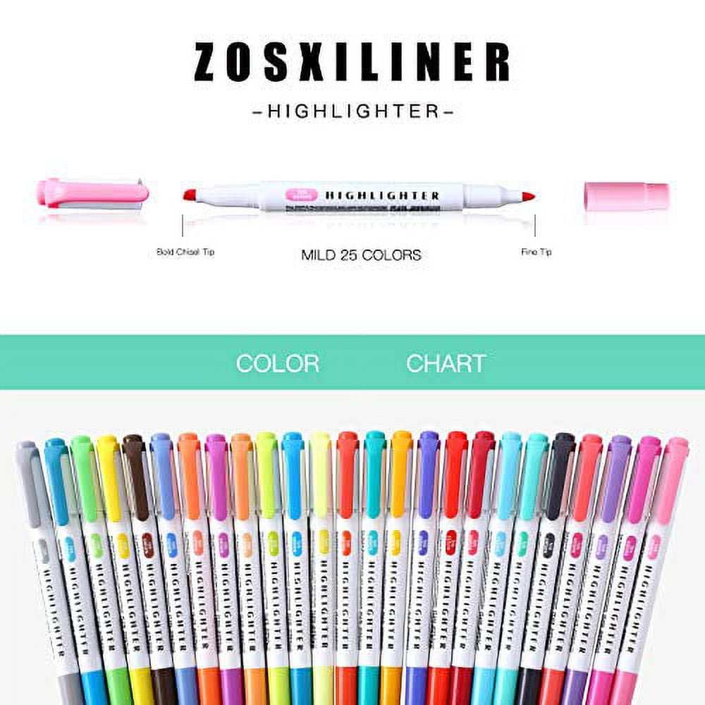 Highlighters Double Ended Mild 25 color Highlighters Fluorescent Marker pen for Coloring Underlining Highlighting Broad and Fine Tips Assorted 25 Colors set