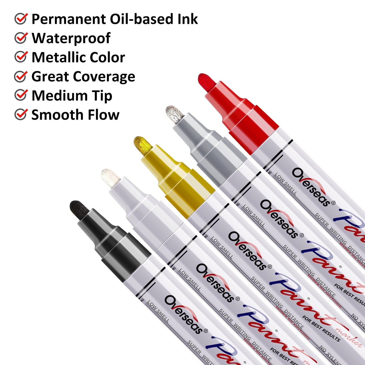 Overseas Paint Marker Pens - 5 Pack Permanent Oil Based Paint Markers, Medium Tip, Quick Dry and Waterproof Assorted Color Marker for Rock, Wood, Fabric, Plastic, Canvas, Glass, Mugs, Canvas, Glass