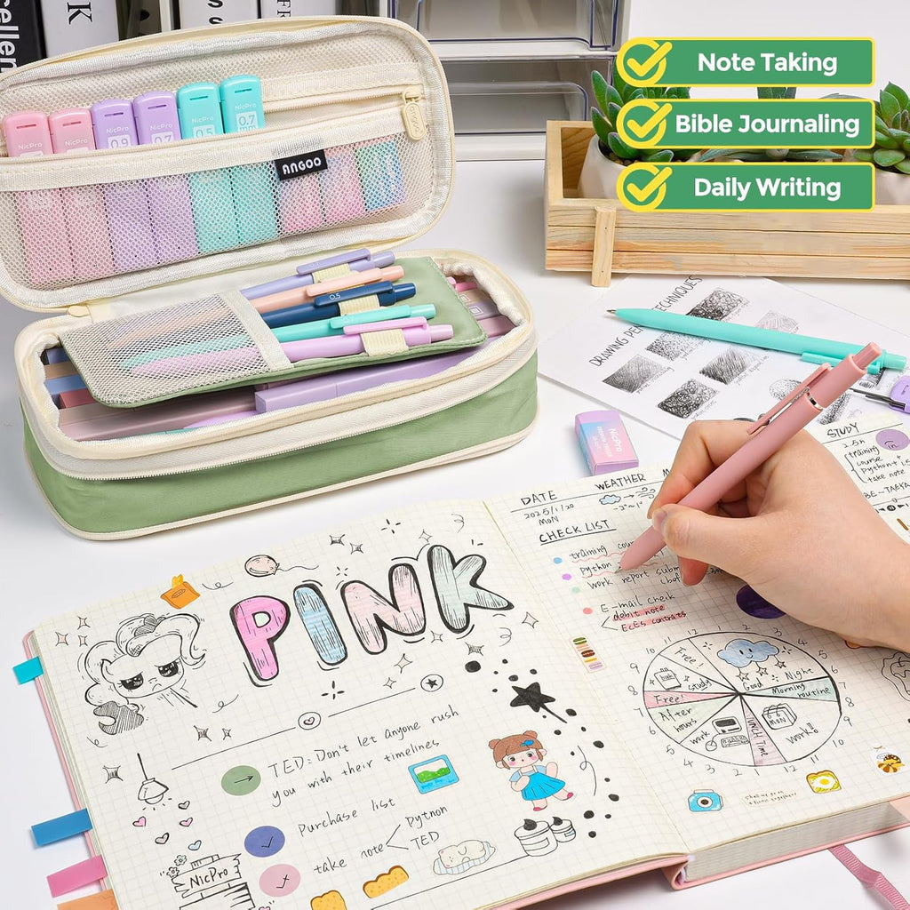 Nicpro 39Pcs Aesthetic Supplies with Big Capacity Pen Case, 12 Colors Chisel Tip Cute Highlighters, 5 Quick Dry Retractable Black Ink Pens, 6 Pastel 0.5 & 0.7 mm Mechanical Pencil