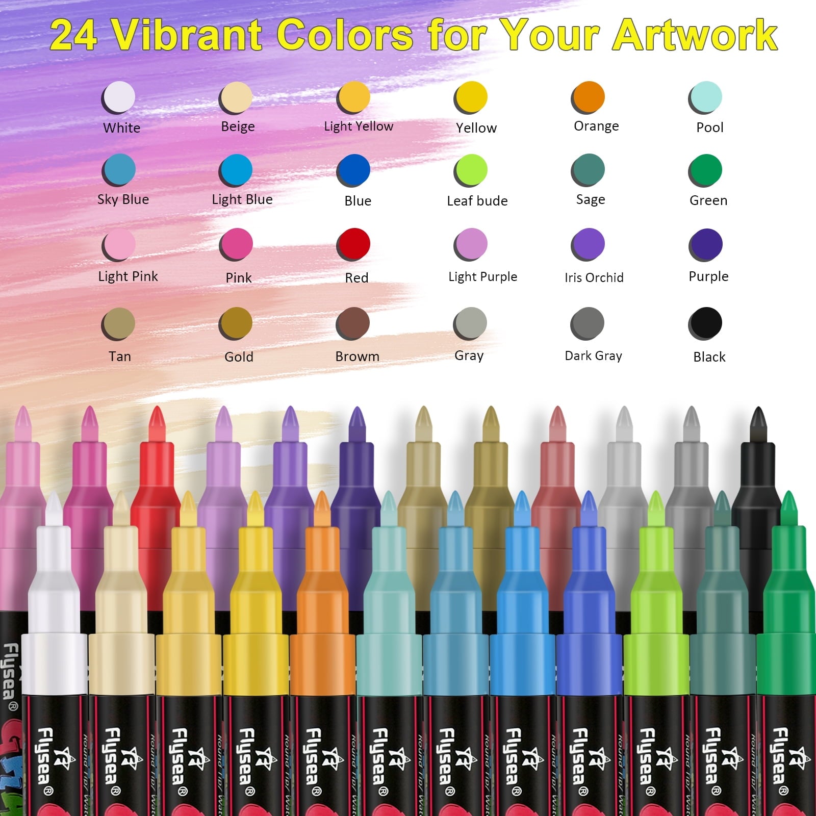 24 Colors Acrylic Paint Pens, Art Set Acrylic Paint Markers, Fabric Markers for Textile, Canvas, Rock, Glass, Wood, Paper, DIY, Extra Fine