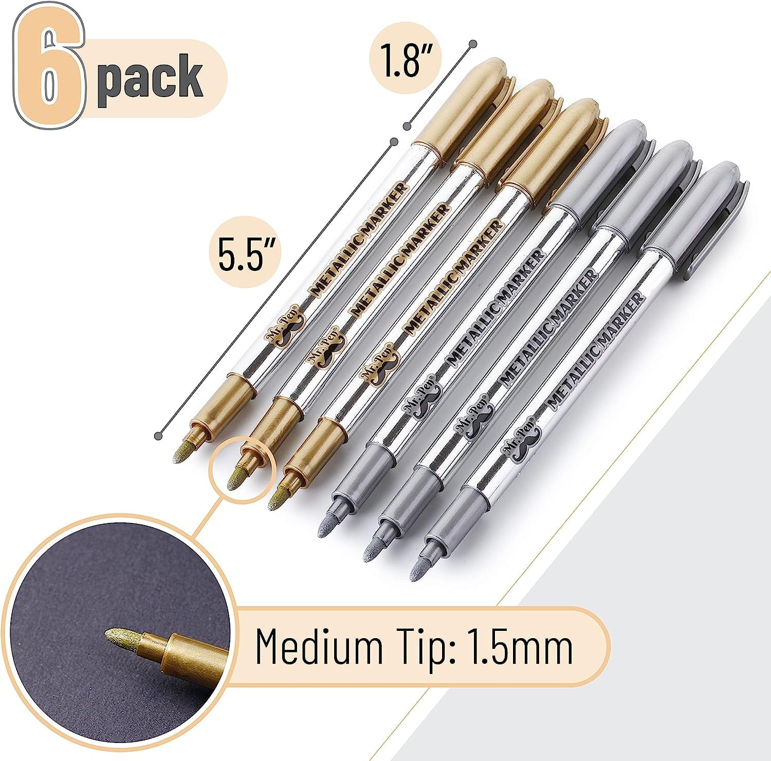 Mr. Pen- Metallic Paint Markers, 6 Pack, Silver and Gold, Silver Paint Marker, Gold Ink Pen
