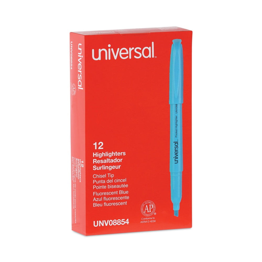 Universal Pocket Clip Highlighter, Chisel Tip, Fluorescent Blue Ink, Dozen -UNV08854