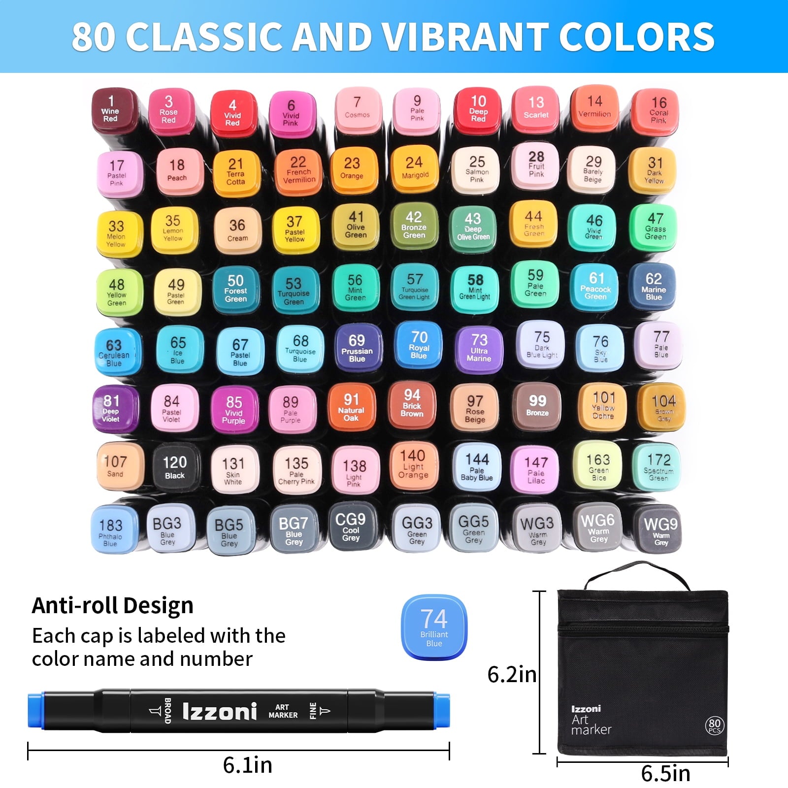 Izzoni 80 Colors Alcohol Markers Set, Dual Tip Coloring, Permanent Art Drawing Marker for Adult Sketching Coloring with Case and Holders