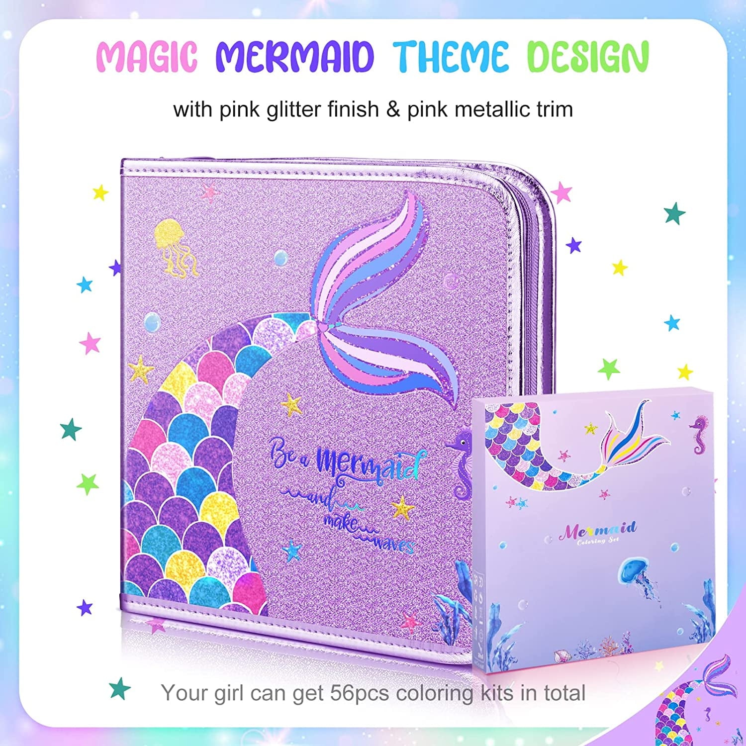 JYPS Mermaid Art Craft Kit for Kids, Glitter Fruit Scented Markers Set (56 Count)