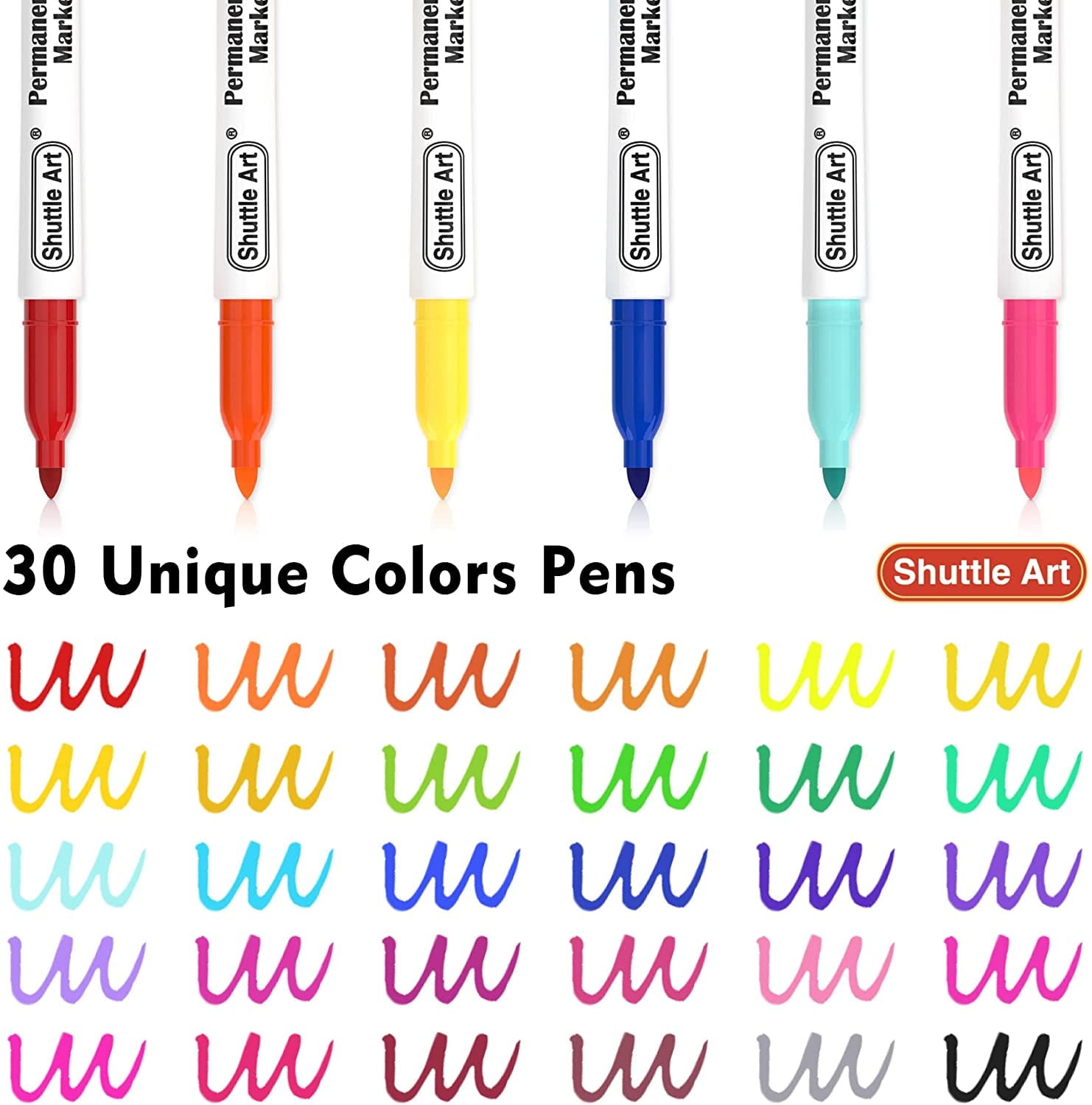 Permanent Markers, Shuttle Art 30 Colors Fine Point Assorted Colors Permanent Marker Set, Works on Plastic,Wood,Stone,Metal and Glass for Adult Coloring Doodling Marking