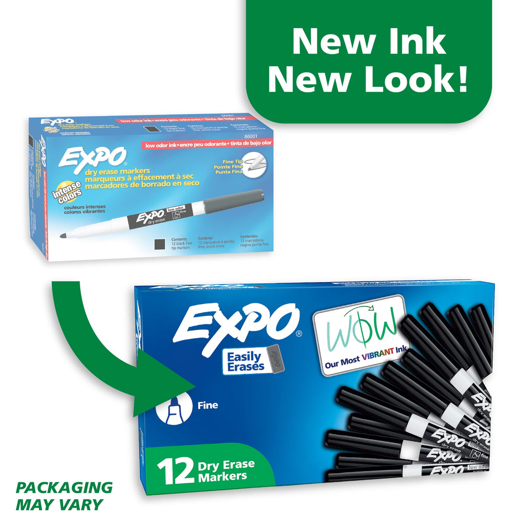EXPO Magnetic Dry Erase Markers with Eraser, Black, Fine Tip, 12 Count