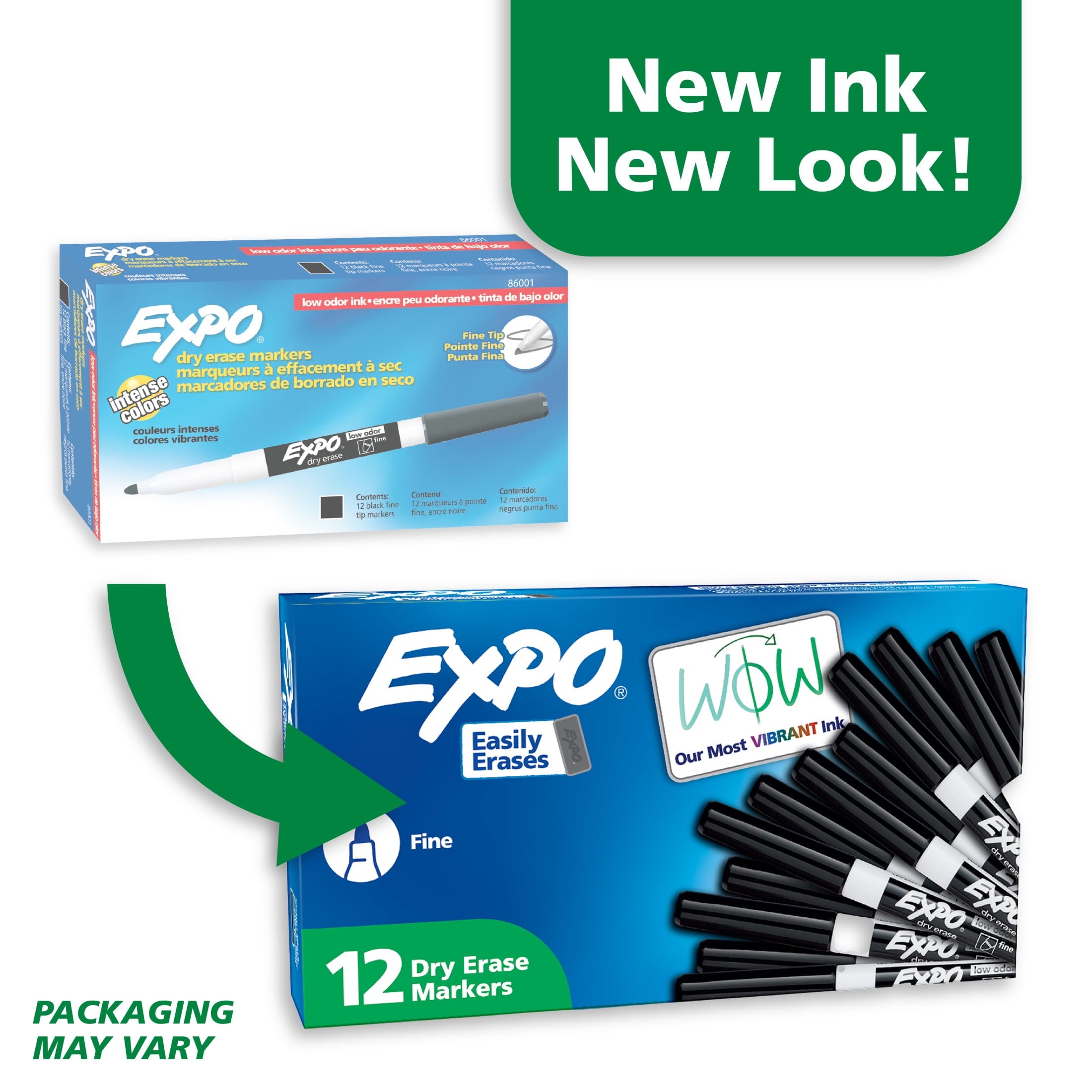 EXPO Magnetic Dry Erase Markers with Eraser, Black, Fine Tip, 12 Count