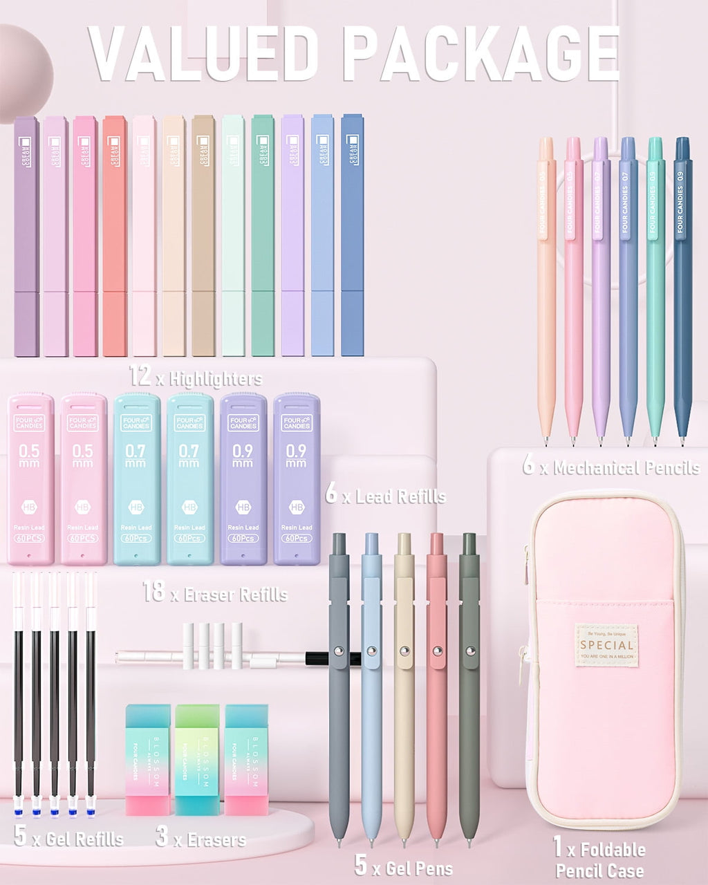 Four Candies 39 PCS Aesthetic Supplies with Cute Pen Case, 12 Pastel Highlighters, 5 Black Ink Gel Pens, 6 Mechanical Pencils Set 0.5 & 0.7 mm for Stationary College Essentials (Pink)