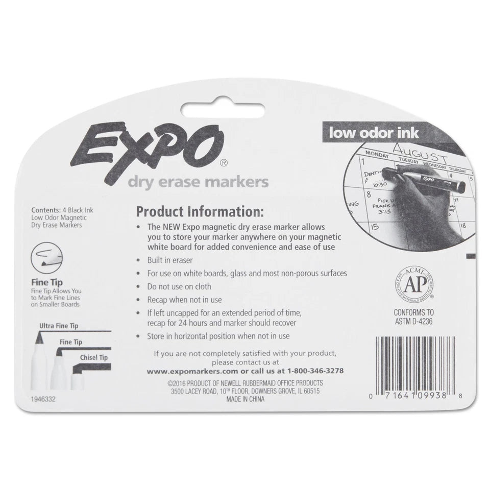Expo Magnetic Dry Erase Marker Fine Tip Black 4/Pack 1944745