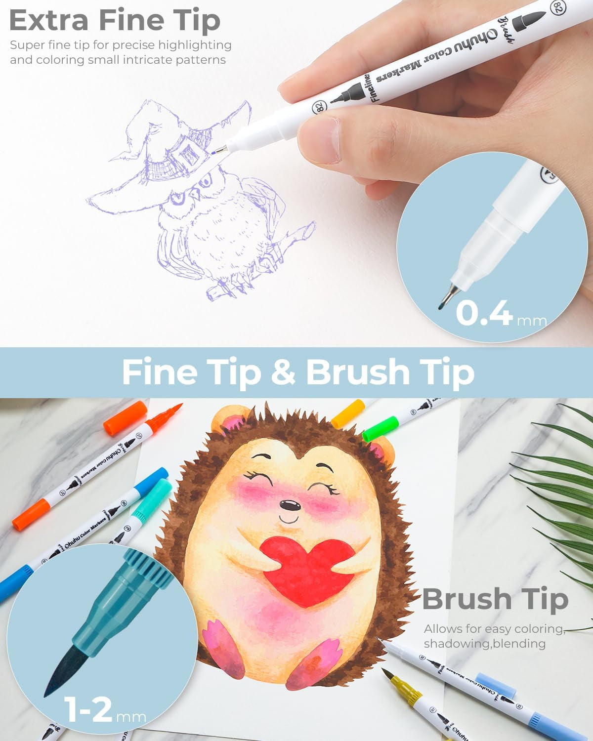 Ohuhu 36 Colors Dual Tips Brush Pens, Water Based Marker for Calligraphy Drawing Sketching