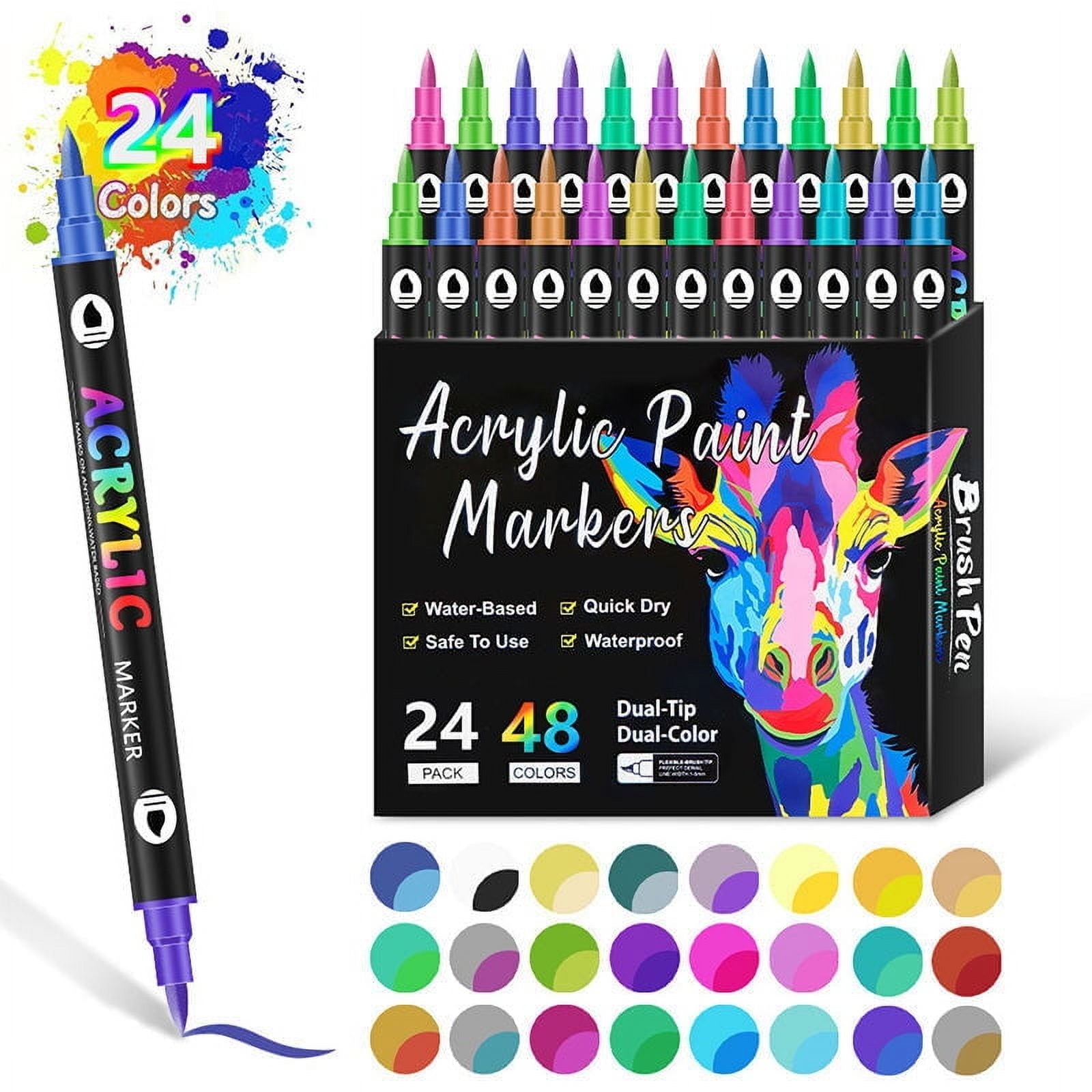 48 Color Acrylic Paint Markers Pen,Acrylic Markers Dual Tip Acrylic Paint Pens For Rock Painting, Canvas, Wood, Glass, Metal, Ceramic, Calligraphy, Card Making, Diy Crafts,1.5Mm-10Ml