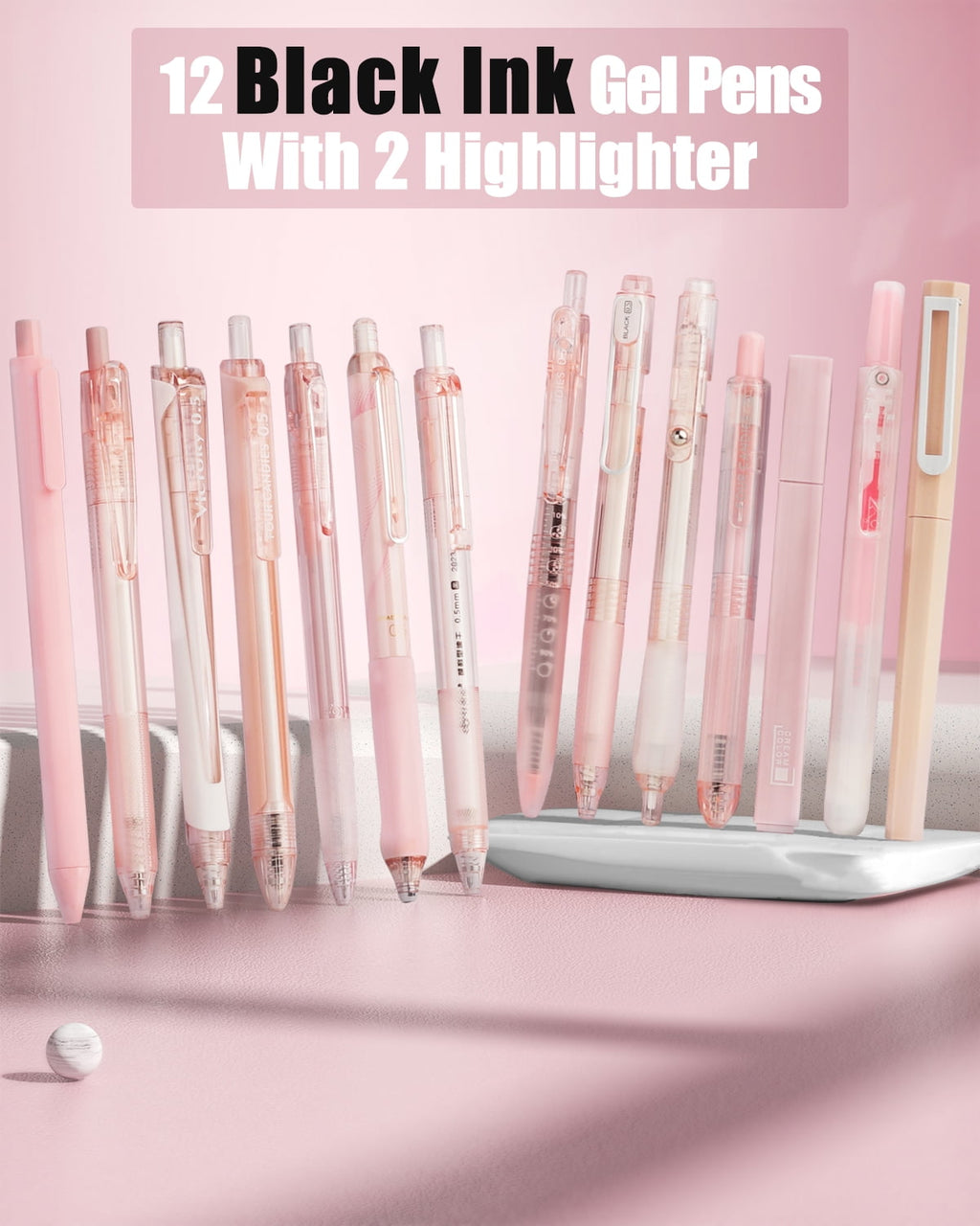 Four Candies 14Pack Pastel Gel Ink Pen Set,Cute Retractable 0.5mm Fine Point Pen,12 Pack Black Ink Pens with 2Pack Highlighter, Smooth Writing Pens(Pink)