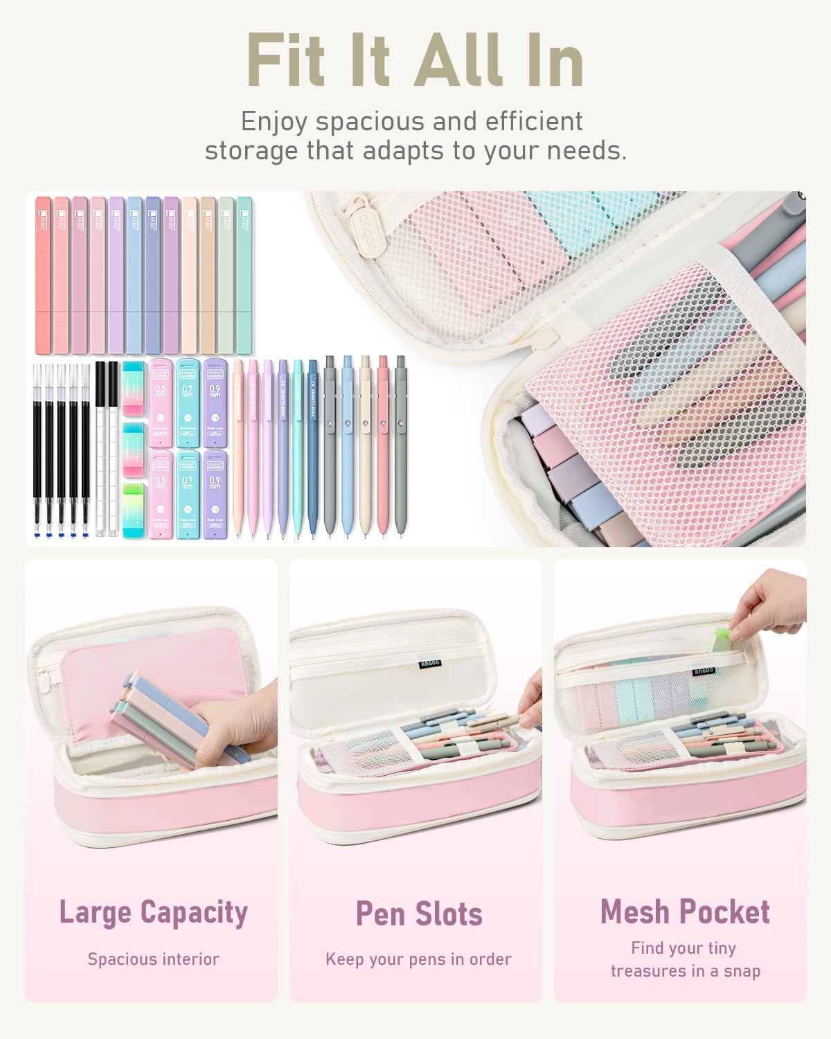 Four Candies 39 PCS Aesthetic Supplies with Cute Pen Case, 12 Pastel Highlighters, 5 Black Ink Gel Pens, 6 Mechanical Pencils Set 0.5 & 0.7 mm for Stationary College Essentials (Pink)