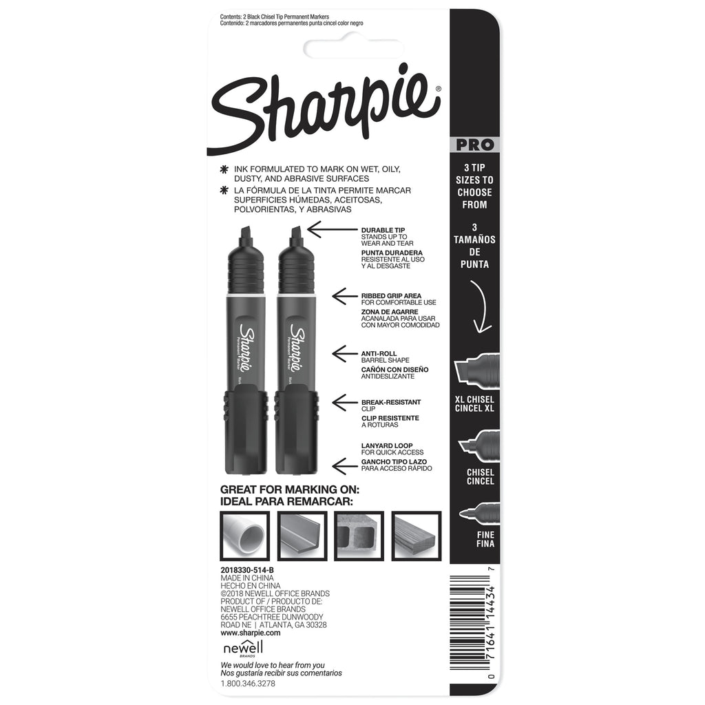 Sharpie PRO Permanent Markers, Chisel Tip, Black, 2 Count