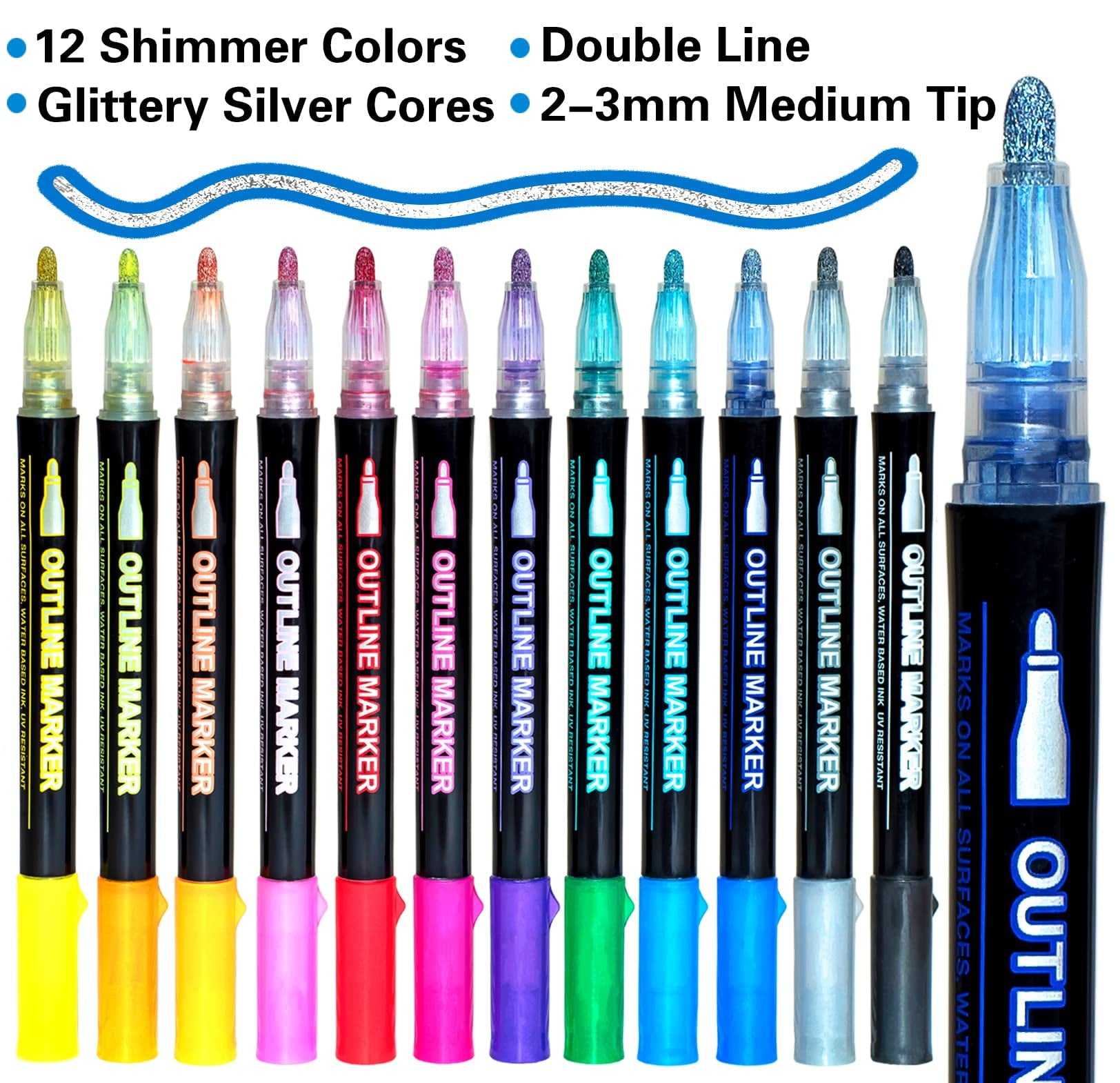 12 Colors Shimmer Outline Markers, Double Line Metallic Pen Set Sparkle Self-Outline Doodle Marker Acrylic Marker Pen